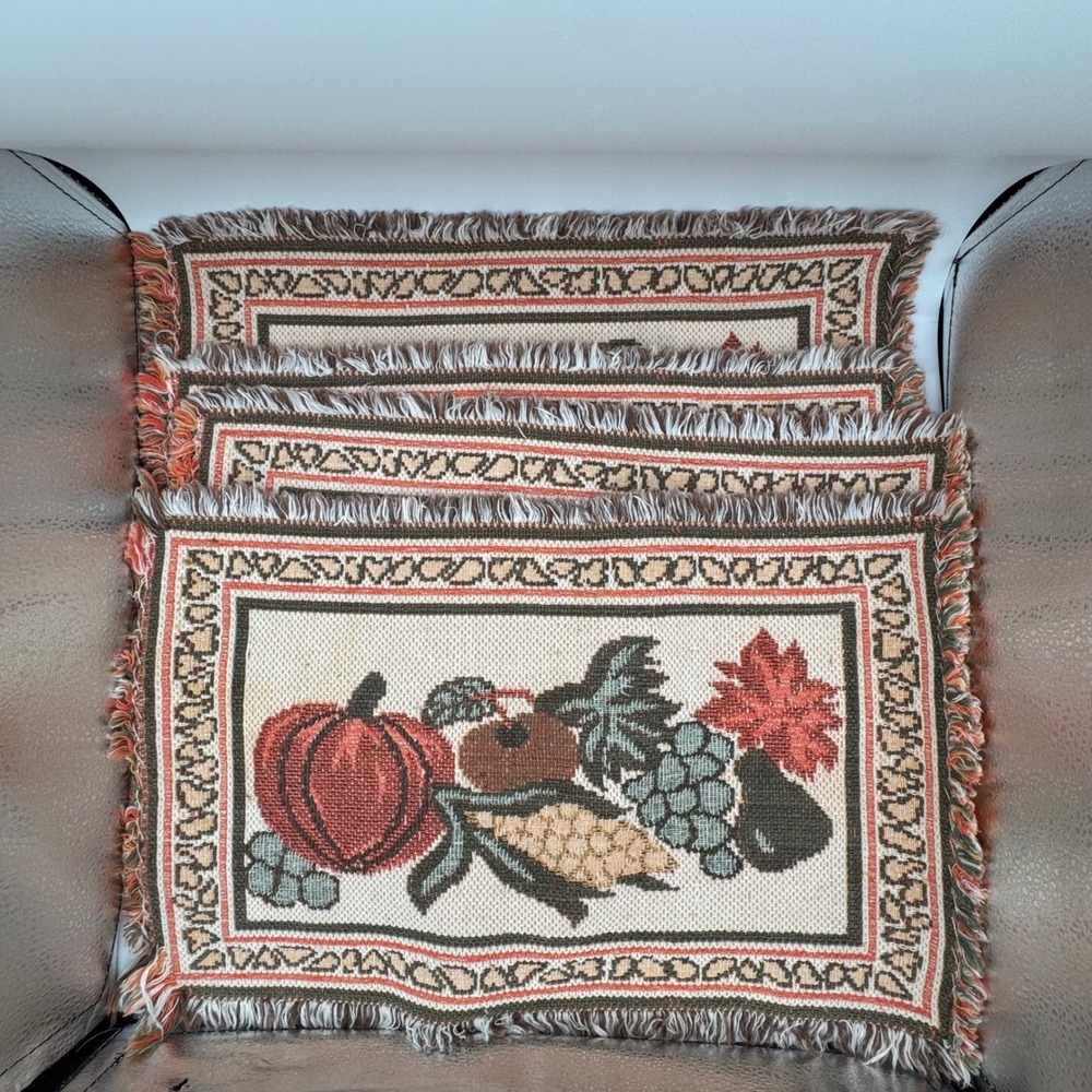 Vintage Harvest Tapestry Placemats Set of 4 Fringed Autumn Pumpkin Fruit Woven